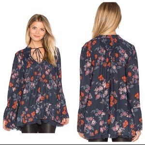 NWOT Free People Navy So Fine Floral Print Smocked Boho Tunic Blouse XS